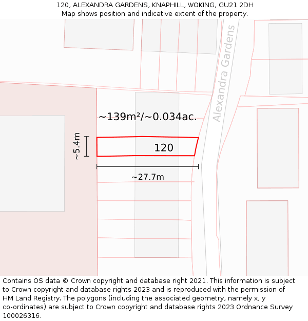 120, ALEXANDRA GARDENS, KNAPHILL, WOKING, GU21 2DH: Plot and title map