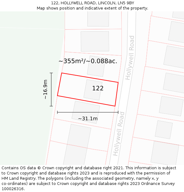 122, HOLLYWELL ROAD, LINCOLN, LN5 9BY: Plot and title map