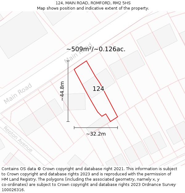 124, MAIN ROAD, ROMFORD, RM2 5HS: Plot and title map