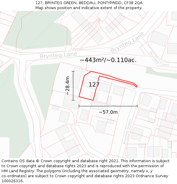 127, BRYNTEG GREEN, BEDDAU, PONTYPRIDD, CF38 2QA: Plot and title map