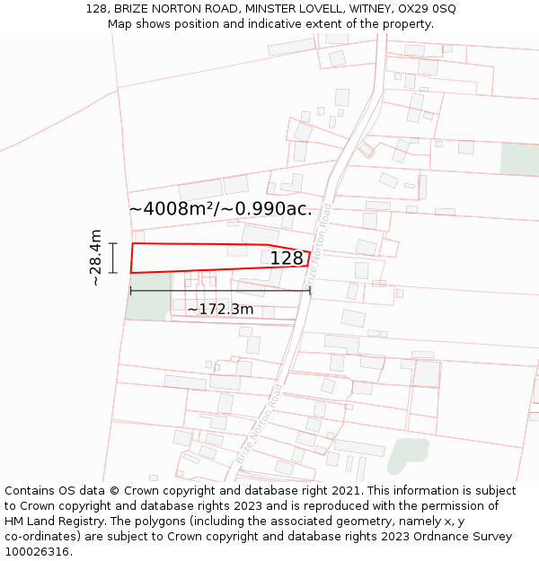 128, BRIZE NORTON ROAD, MINSTER LOVELL, WITNEY, OX29 0SQ: Plot and title map
