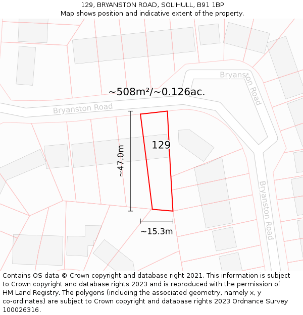 129, BRYANSTON ROAD, SOLIHULL, B91 1BP: Plot and title map