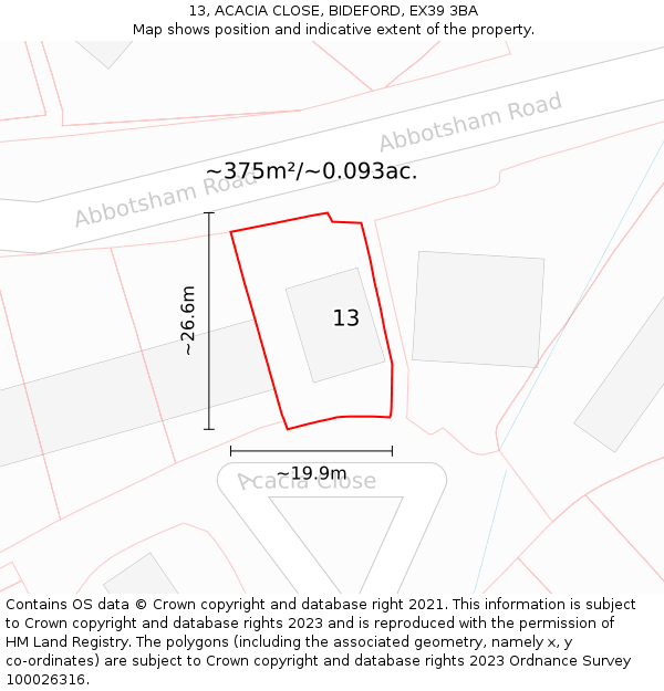 13, ACACIA CLOSE, BIDEFORD, EX39 3BA: Plot and title map