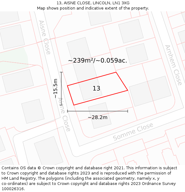 13, AISNE CLOSE, LINCOLN, LN1 3XG: Plot and title map