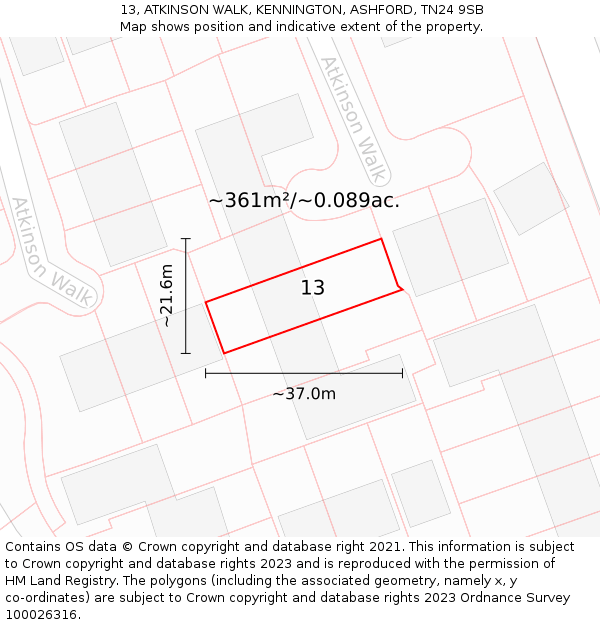 13, ATKINSON WALK, KENNINGTON, ASHFORD, TN24 9SB: Plot and title map