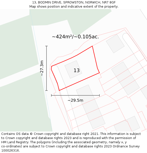 13, BODMIN DRIVE, SPROWSTON, NORWICH, NR7 8GF: Plot and title map