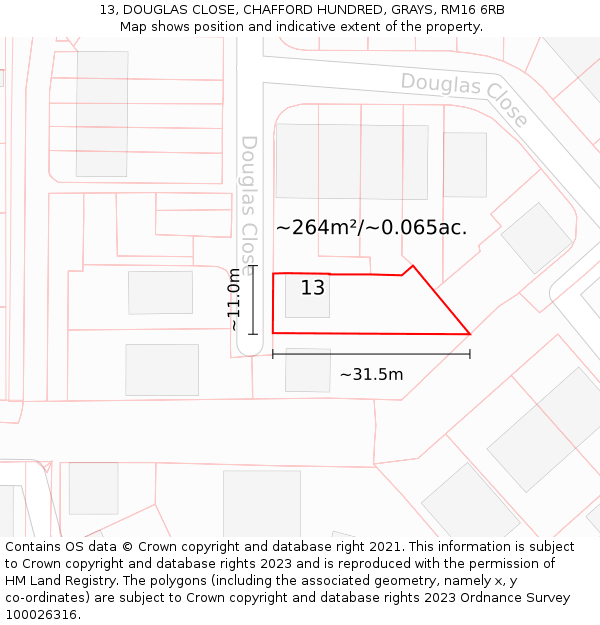 13, DOUGLAS CLOSE, CHAFFORD HUNDRED, GRAYS, RM16 6RB: Plot and title map