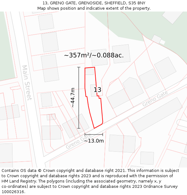 13, GRENO GATE, GRENOSIDE, SHEFFIELD, S35 8NY: Plot and title map