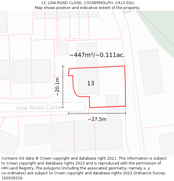 13, LOW ROAD CLOSE, COCKERMOUTH, CA13 0GU: Plot and title map