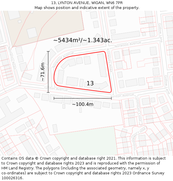 13, LYNTON AVENUE, WIGAN, WN6 7PR: Plot and title map