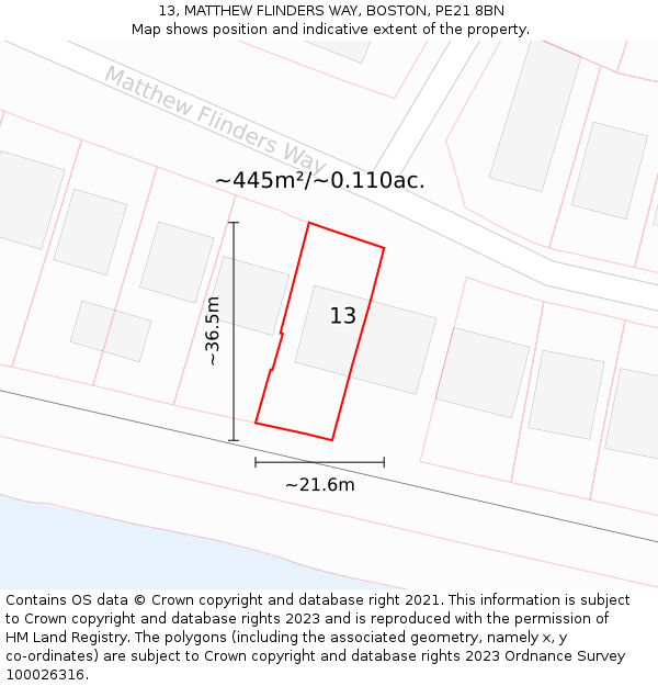 13, MATTHEW FLINDERS WAY, BOSTON, PE21 8BN: Plot and title map