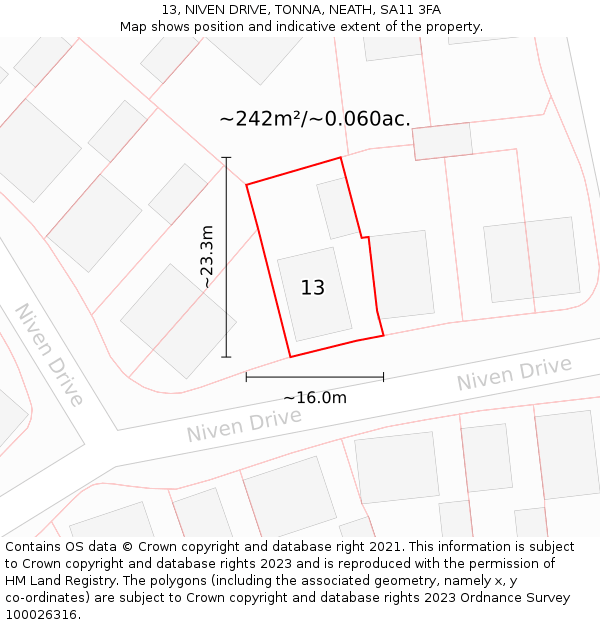 13, NIVEN DRIVE, TONNA, NEATH, SA11 3FA: Plot and title map