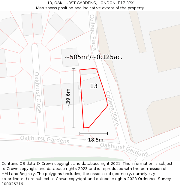 13, OAKHURST GARDENS, LONDON, E17 3PX: Plot and title map