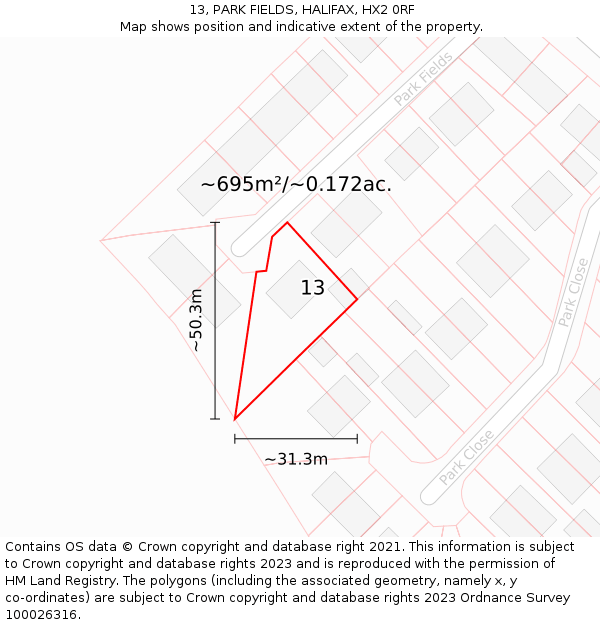 13, PARK FIELDS, HALIFAX, HX2 0RF: Plot and title map