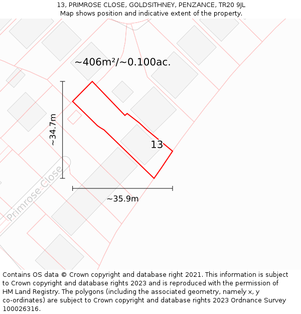 13, PRIMROSE CLOSE, GOLDSITHNEY, PENZANCE, TR20 9JL: Plot and title map