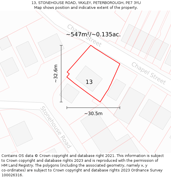 13, STONEHOUSE ROAD, YAXLEY, PETERBOROUGH, PE7 3YU: Plot and title map