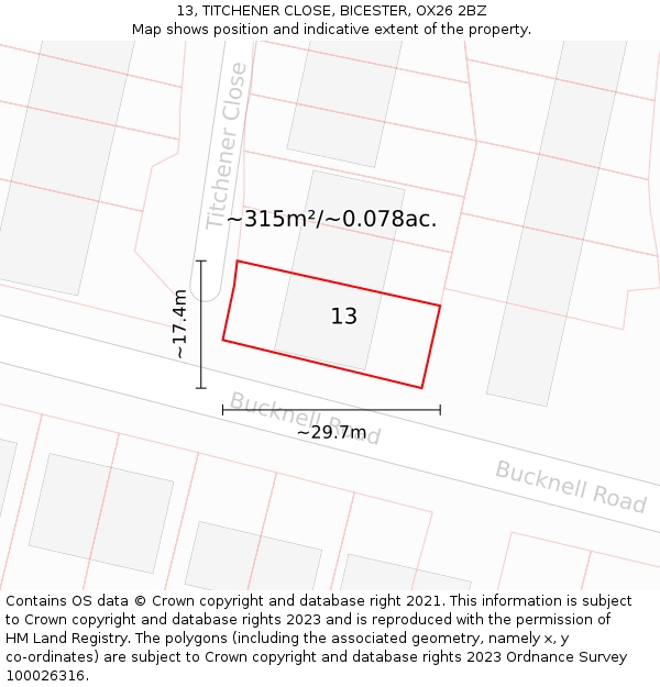 13, TITCHENER CLOSE, BICESTER, OX26 2BZ: Plot and title map