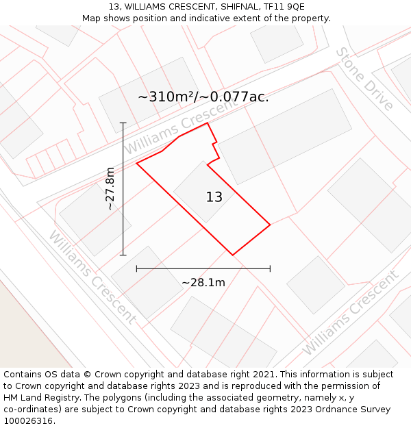 13, WILLIAMS CRESCENT, SHIFNAL, TF11 9QE: Plot and title map