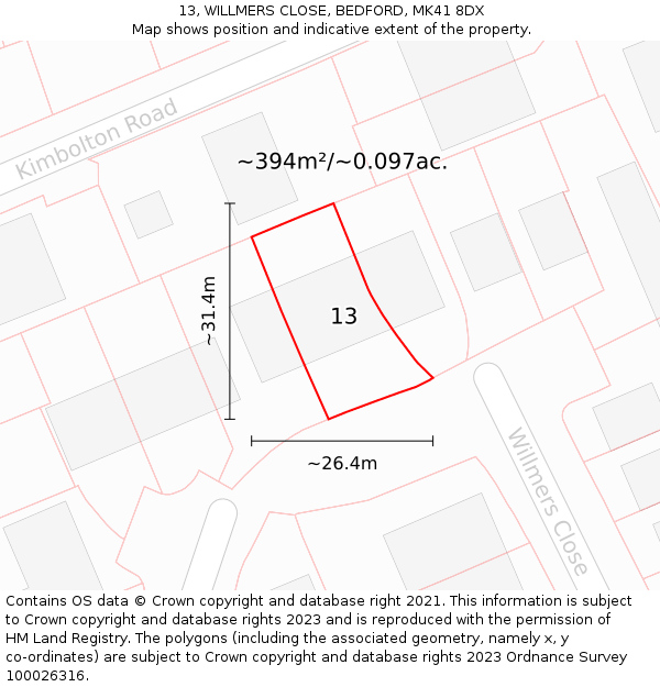 13, WILLMERS CLOSE, BEDFORD, MK41 8DX: Plot and title map