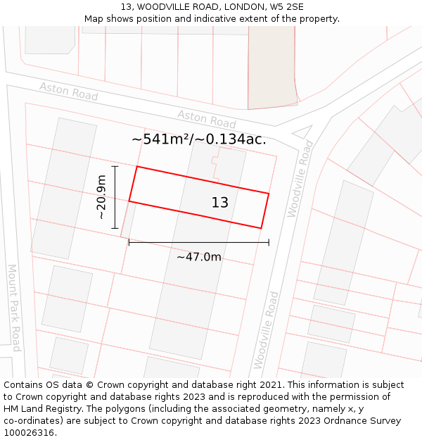 13, WOODVILLE ROAD, LONDON, W5 2SE: Plot and title map