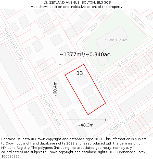 13, ZETLAND AVENUE, BOLTON, BL3 3QS: Plot and title map