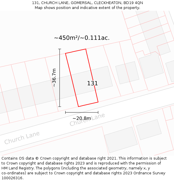 131, CHURCH LANE, GOMERSAL, CLECKHEATON, BD19 4QN: Plot and title map