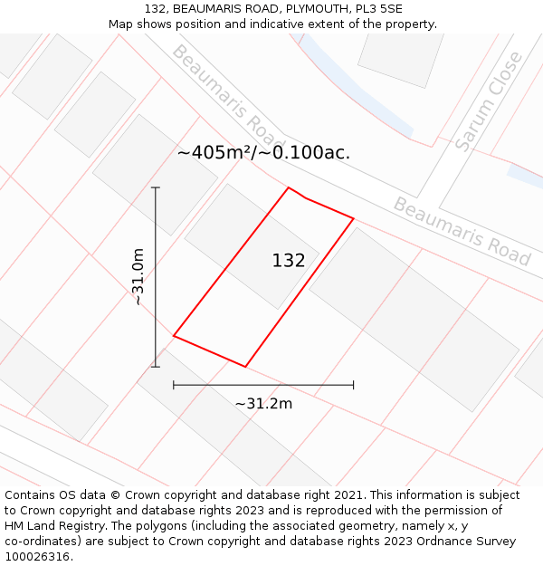 132, BEAUMARIS ROAD, PLYMOUTH, PL3 5SE: Plot and title map