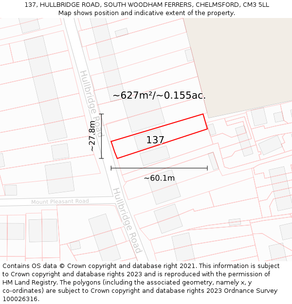 137, HULLBRIDGE ROAD, SOUTH WOODHAM FERRERS, CHELMSFORD, CM3 5LL: Plot and title map