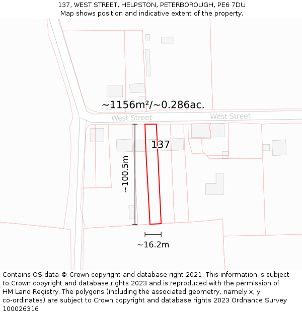 137, WEST STREET, HELPSTON, PETERBOROUGH, PE6 7DU: Plot and title map