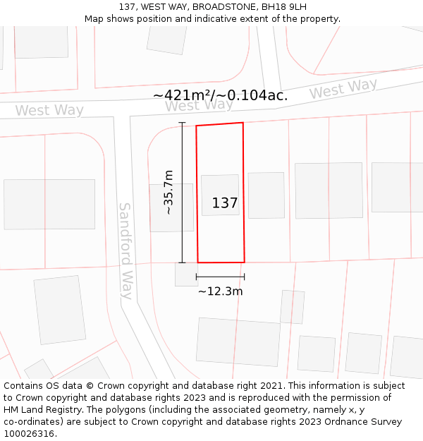 137, WEST WAY, BROADSTONE, BH18 9LH: Plot and title map