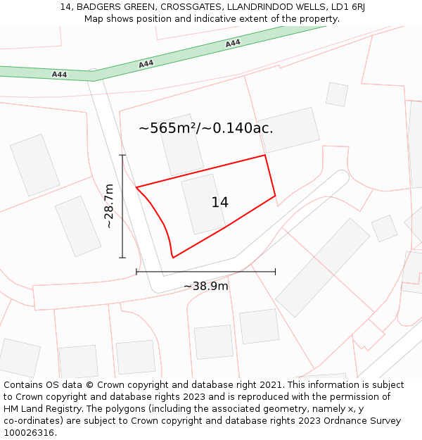 14, BADGERS GREEN, CROSSGATES, LLANDRINDOD WELLS, LD1 6RJ: Plot and title map