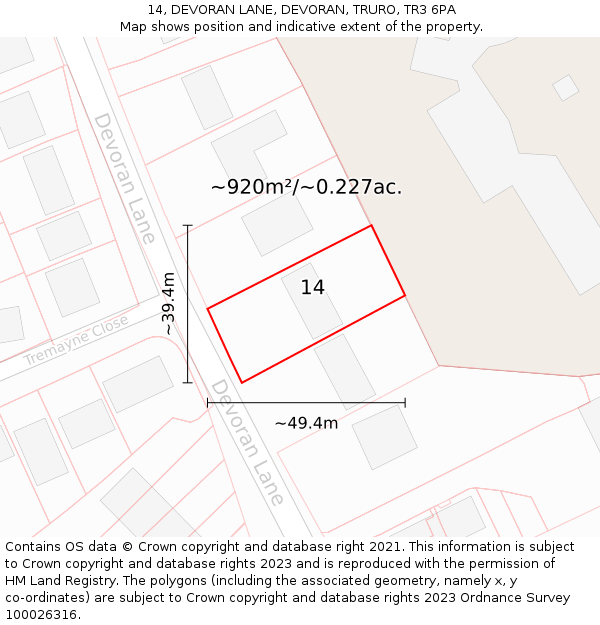 14, DEVORAN LANE, DEVORAN, TRURO, TR3 6PA: Plot and title map