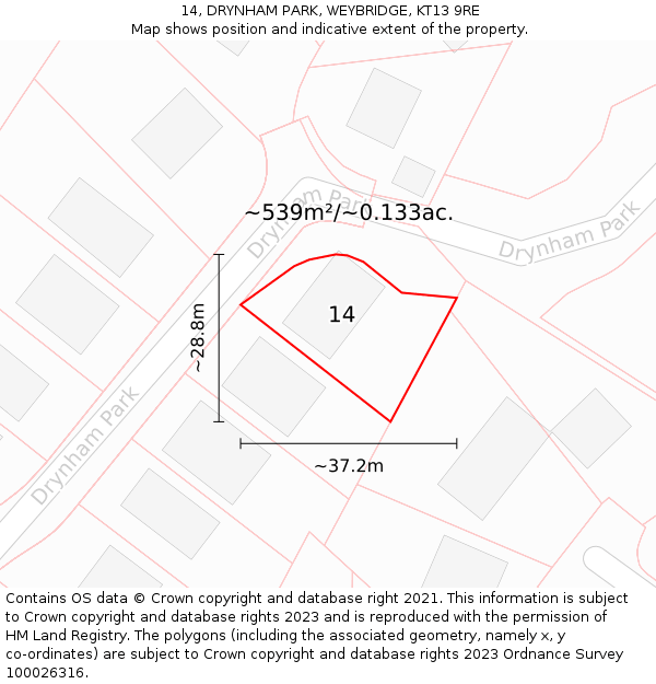 14, DRYNHAM PARK, WEYBRIDGE, KT13 9RE: Plot and title map