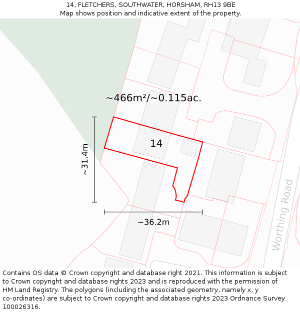 14, FLETCHERS, SOUTHWATER, HORSHAM, RH13 9BE: Plot and title map