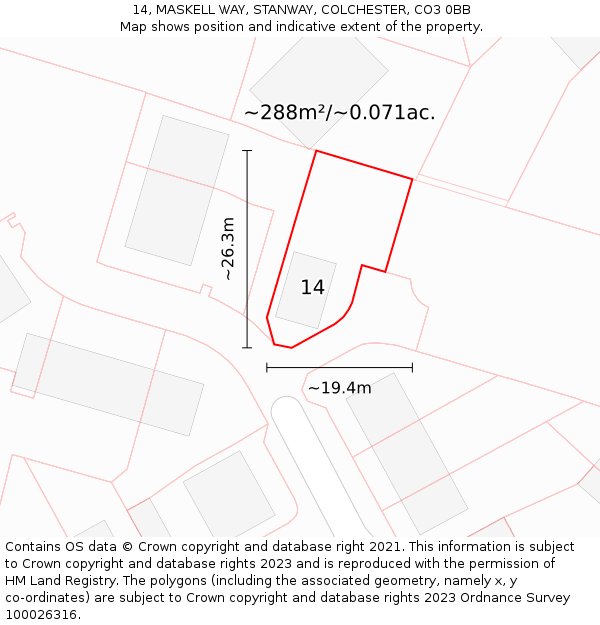 14, MASKELL WAY, STANWAY, COLCHESTER, CO3 0BB: Plot and title map