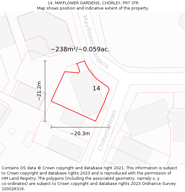 14, MAYFLOWER GARDENS, CHORLEY, PR7 3TR: Plot and title map