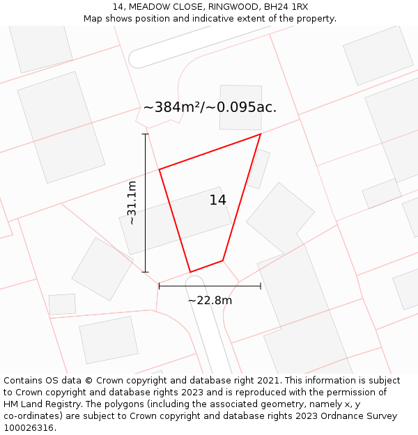 14, MEADOW CLOSE, RINGWOOD, BH24 1RX: Plot and title map
