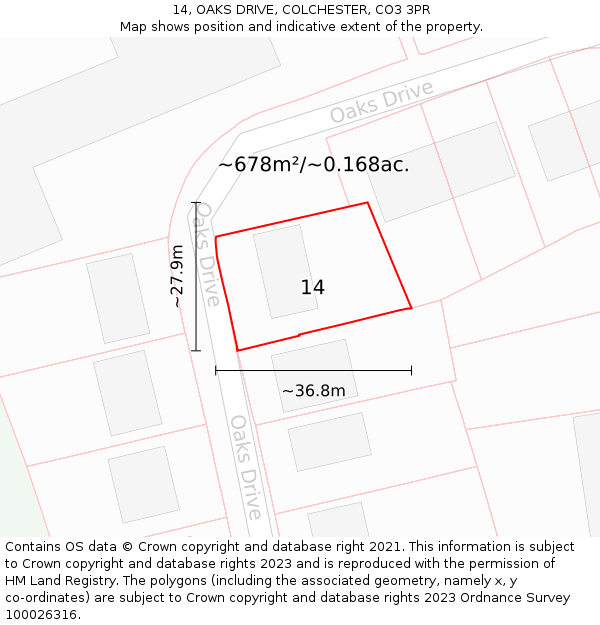 14, OAKS DRIVE, COLCHESTER, CO3 3PR: Plot and title map