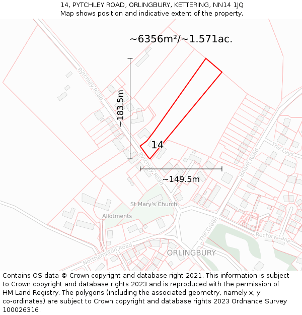 14, PYTCHLEY ROAD, ORLINGBURY, KETTERING, NN14 1JQ: Plot and title map