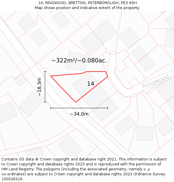 14, RINGWOOD, BRETTON, PETERBOROUGH, PE3 9SH: Plot and title map