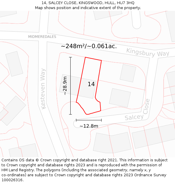 14, SALCEY CLOSE, KINGSWOOD, HULL, HU7 3HQ: Plot and title map