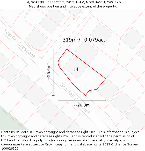 14, SCARFELL CRESCENT, DAVENHAM, NORTHWICH, CW9 8XD: Plot and title map