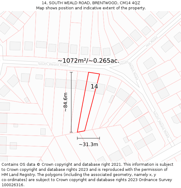 14, SOUTH WEALD ROAD, BRENTWOOD, CM14 4QZ: Plot and title map