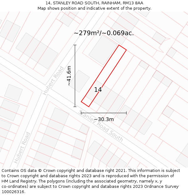 14, STANLEY ROAD SOUTH, RAINHAM, RM13 8AA: Plot and title map