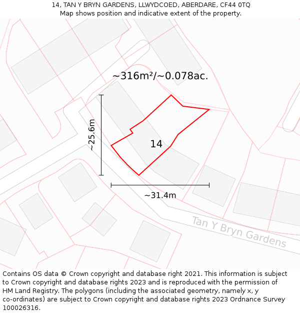 14, TAN Y BRYN GARDENS, LLWYDCOED, ABERDARE, CF44 0TQ: Plot and title map