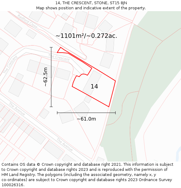 14, THE CRESCENT, STONE, ST15 8JN: Plot and title map