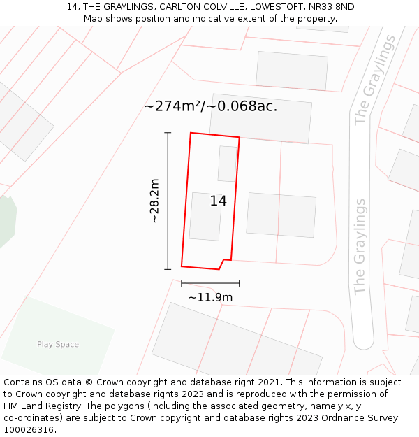 14, THE GRAYLINGS, CARLTON COLVILLE, LOWESTOFT, NR33 8ND: Plot and title map