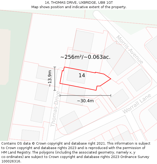 14, THOMAS DRIVE, UXBRIDGE, UB8 1GT: Plot and title map