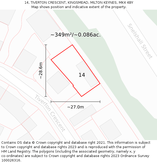 14, TIVERTON CRESCENT, KINGSMEAD, MILTON KEYNES, MK4 4BY: Plot and title map