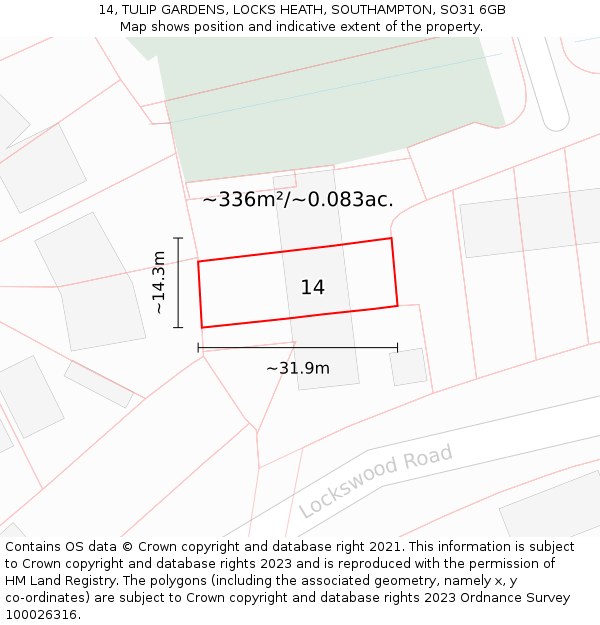 14, TULIP GARDENS, LOCKS HEATH, SOUTHAMPTON, SO31 6GB: Plot and title map